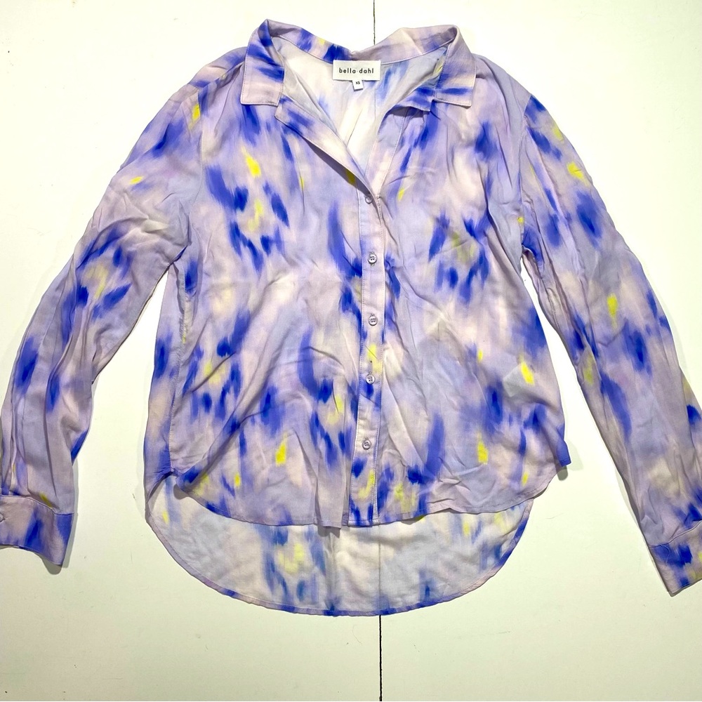 bella dahl Blueish Yellow Watercolor Print 100% Rayon Button‎ Down Shirt XS